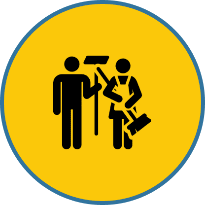 Cleaning crew icon with mop and broom