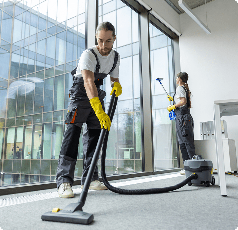 Office cleaning with vacuum and window washing
